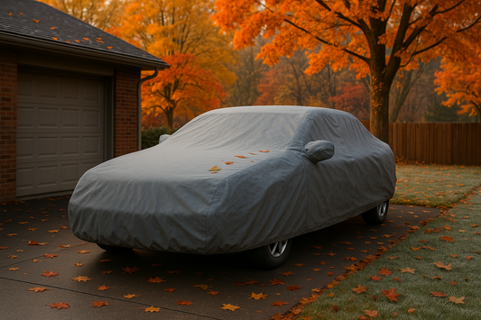 Car covered by a gray BestFitÂŽ All-Weather HD cover parked on a leaf-covered driveway under vibrant fall trees at sunrise.